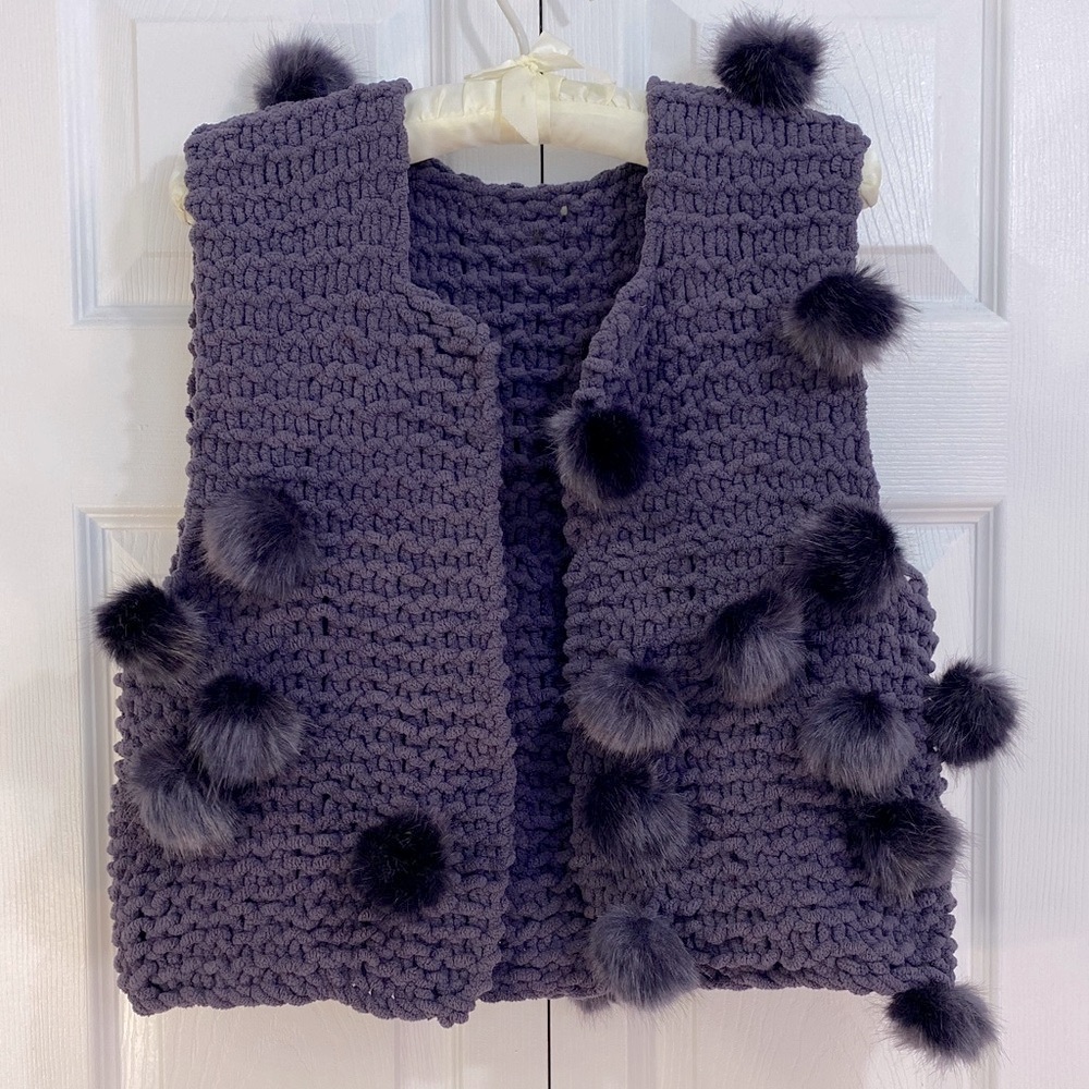 2 for $25 - Handmade Chunky Knit Purple Vest with Pom Poms, M